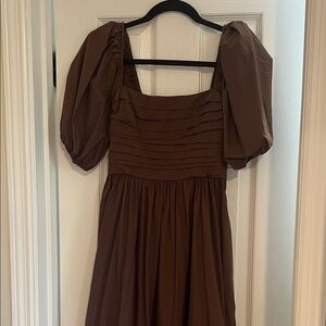 Abercrombie & Fitch Emerson Poplin Puff Sleeve Brown Midi Dress